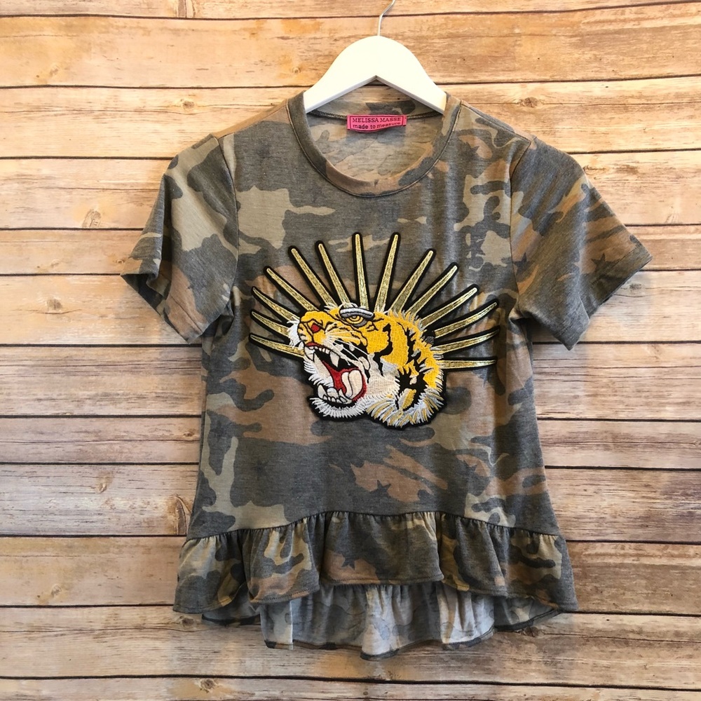 Melissa Masse Tiger Patch Camo Tee Size XS NWOT